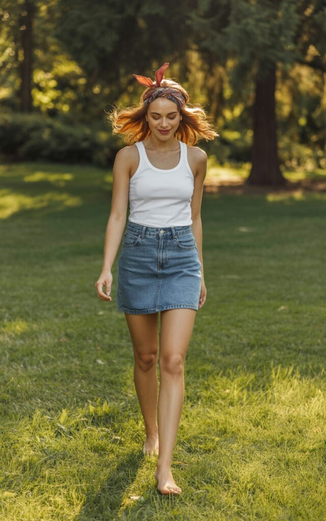 Full-body shot in a sunny park. Model wears a denim skirt, white tank, and a patterned statement bandana tied as a headband. Natural daylight. Soft loose waves, minimal makeup. She walks barefoot through the grass with a carefree, relaxed expression.