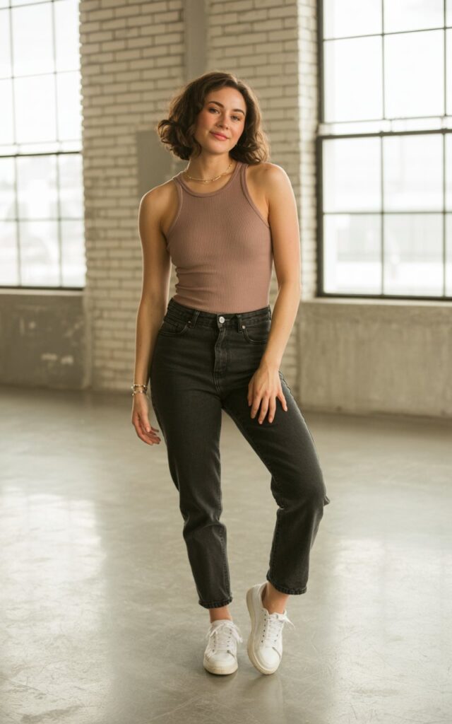 Full-body shot in an industrial loft studio. She wears a ribbed fitted bodysuit in taupe, high-rise jeans, minimal jewelry, and white sneakers. Hair is loose and natural. Soft window light highlighting skin texture. She stands with a subtle hip pop, expression relaxed and confident.