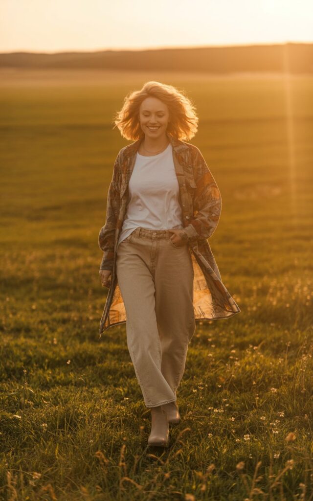 Full-body shot in an open field during golden hour. She wears a printed oversized shacket, white tee, beige jeans, and ankle boots. Hair is voluminous and softly waving. Warm golden light giving a cinematic glow. She walks forward slowly, smiling softly and naturally.