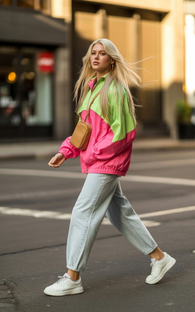 Full-body shot of a fair-skinned model with long straight blonde hair, wearing a neon color-block windbreaker, light wash mom jeans, and white retro sneakers. Background is a city street during golden hour with soft shadows. Model is walking confidently, slight smirk, head tilted, hair naturally moving in the breeze. Accessories include tiny hoop earrings and a casual crossbody bag. Skin texture and subtle imperfections visible.