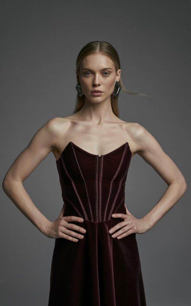 Full-body shot of a fit, white-skinned model in a structured corset-top gown in deep burgundy on a sleek photo studio backdrop. Soft indoor lighting creates polished shadows across the boning of the dress. Her hair is styled in a slick, straight look, with bold earrings complementing the sharp neckline. She stands tall with hands on hips and a fierce expression. Realistic details like natural pores and hair texture emphasized.