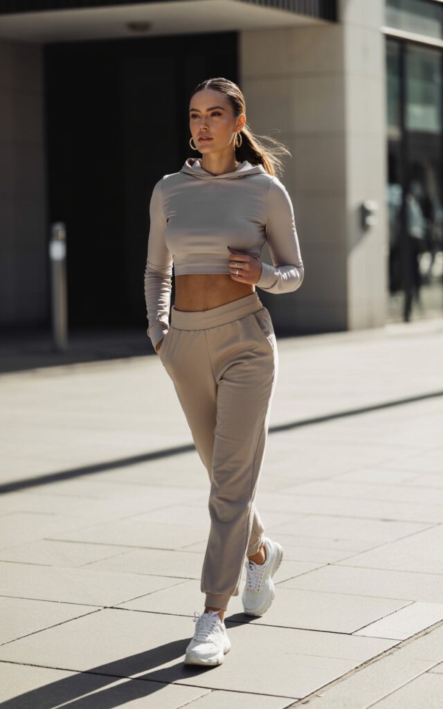 Full-body shot of a white female model with a fit physique and sharp features, wearing a monochrome cropped hoodie and high-waisted joggers in beige. She’s walking confidently down a minimalist city street with sunlight casting soft shadows. Chunky white sneakers, slick ponytail, and subtle gold hoops complete the look. Natural daylight with crisp contrast and urban chic vibes.