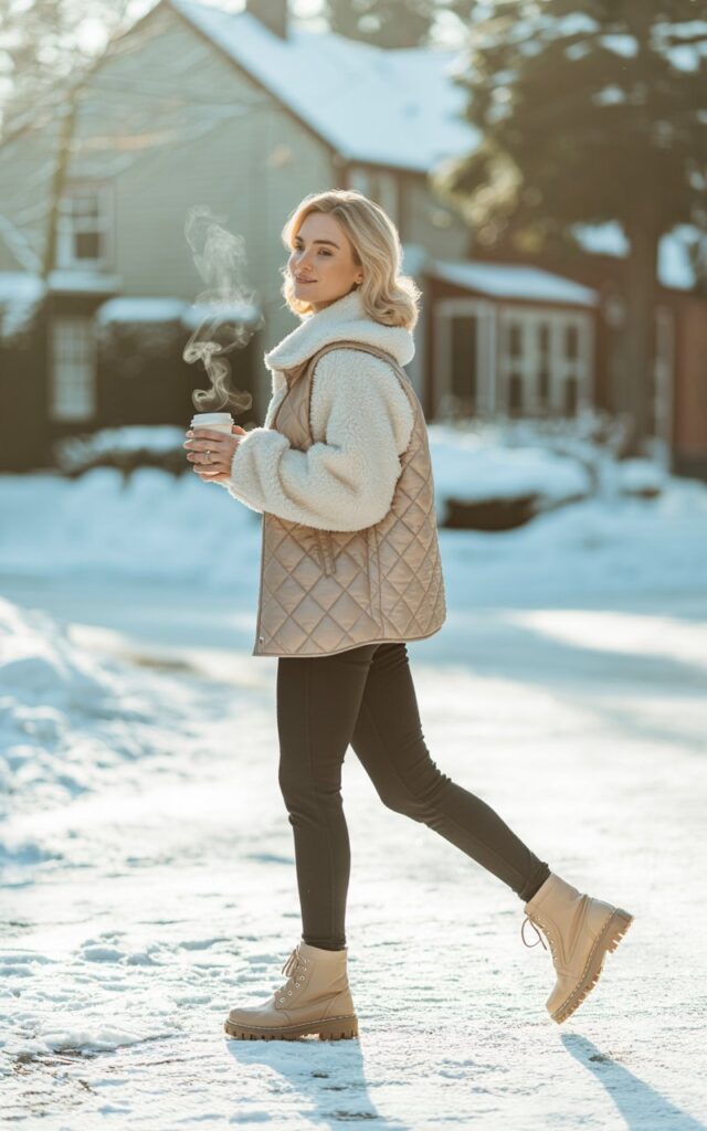 Full-body shot of a white-skinned female in a cream fluffy cardigan, beige padded vest, leggings, and tan lace-up boots. She’s walking on a snow-covered residential street, holding a coffee cup. Soft natural light enhances textures. Pose mid-step, glancing to the side, casual relaxed vibe.
