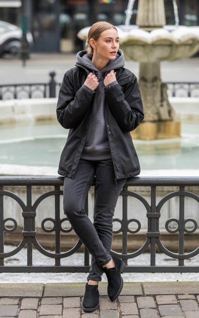 Full-body shot of a white-skinned female in a dark grey hoodie under a black windproof shell jacket, skinny jeans, and black boots. She’s leaning against a street railing near a frozen fountain. Overcast lighting emphasizes layers. Pose looking off-camera, hands holding jacket collar, relaxed casual vibe.