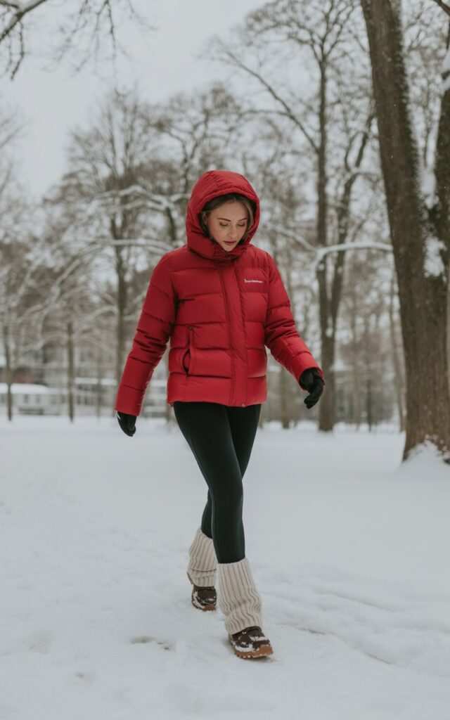 Full-body shot of a white-skinned female in a red hooded down jacket, black leggings, wool socks, and snow boots. She’s stepping over a snow-covered path in a winter park. Overcast light creates soft, natural shadows. Pose mid-step, looking down at boots, casual stance.