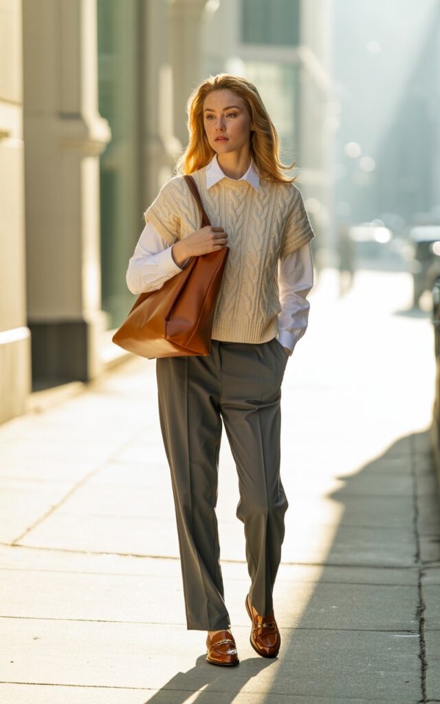 Full-body shot of a white-skinned female model on a quiet urban sidewalk during soft morning daylight, wearing a cream knit sweater layered over a crisp white collared shirt, straight-leg trousers, and loafers. She carries a structured tote bag and wears subtle gold earrings. Her hair is styled in loose waves, and makeup is natural with slight freckles visible. She stands confidently, one hand holding her bag, looking off to the side with a relaxed expression.