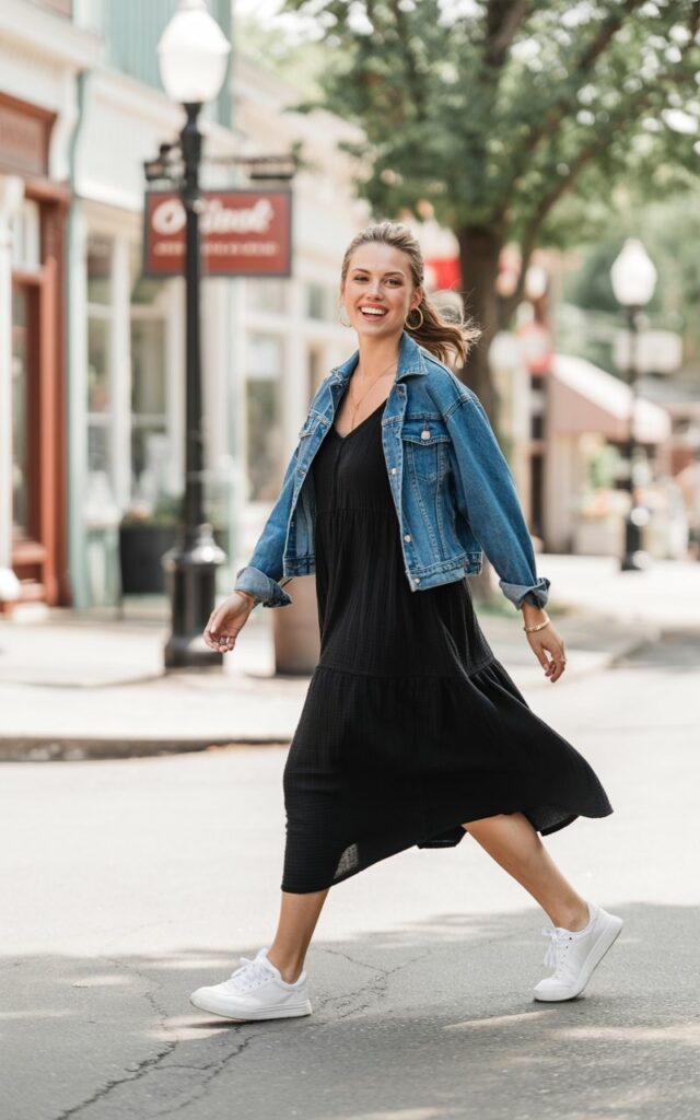 Full-body shot of a white-skinned female model walking through a small-town street. She wears a soft cotton black midi dress, a light blue denim jacket, white sneakers, and minimal jewelry. Her hair is styled in a loose ponytail with natural movement. Bright natural daylight. She’s mid-step, giving a candid smile as she walks.