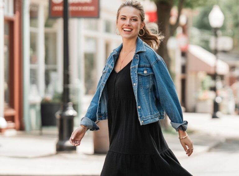 Full-body shot of a white-skinned female model walking through a small-town street. She wears a soft cotton black midi dress, a light blue denim jacket, white sneakers, and minimal jewelry. Her hair is styled in a loose ponytail with natural movement. Bright natural daylight. She’s mid-step, giving a candid smile as she walks.