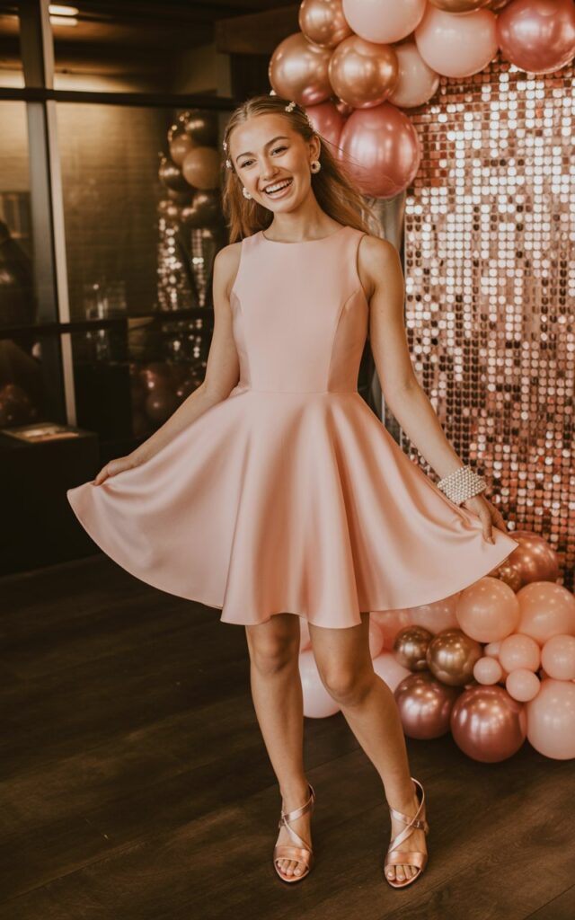 Full-body shot of a white-skinned female model wearing a baby-pink fit-and-flare hoco dress, pearl accessories, and soft pink heels. She stands near a photo booth corner decorated with pink balloons and sparkly backdrops. Warm indoor lighting creates a soft glow. Natural candid smile.