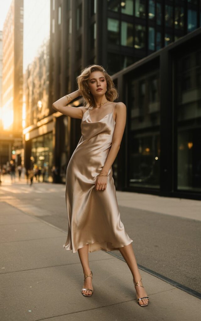 Full-body shot of a white-skinned female model wearing a champagne satin slip dress with a soft drape, paired with minimal gold jewelry and strappy heels. She stands on a modern city sidewalk at golden hour, buildings glowing behind her. Natural sunlight highlights the dress’s sheen and her soft waves of blonde hair. She poses with one hand in her hair, expression calm and confident. Realistic skin texture and natural movement captured in a high-fashion editorial style.