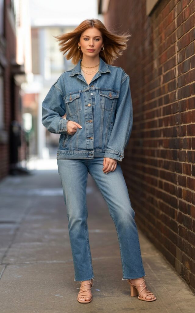Full-body shot of a white-skinned female model with feathered shoulder-length hair, wearing a denim jacket over matching denim jeans, paired with delicate jewelry and heeled sandals. Set on an urban alleyway with soft daylight. She stands casually with one hand in her pocket. Real denim grain and natural skin texture.