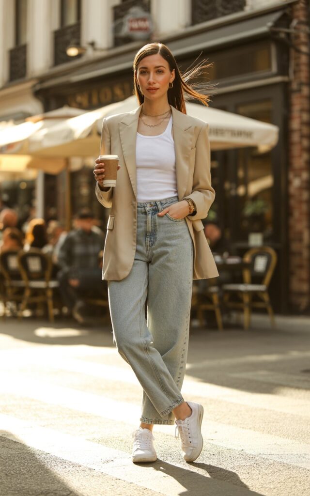 Full-body shot of a white-skinned female model with sharp features and sleek straight hair, wearing a tailored beige blazer over a white tank and high-waisted light-wash jeans. She stands on a city sidewalk near a café during golden hour, holding a coffee cup. Natural sunlight highlights the crisp lines of her outfit. Minimal gold jewelry and white sneakers complete the look. Confident, relaxed stance with one hand in her pocket.