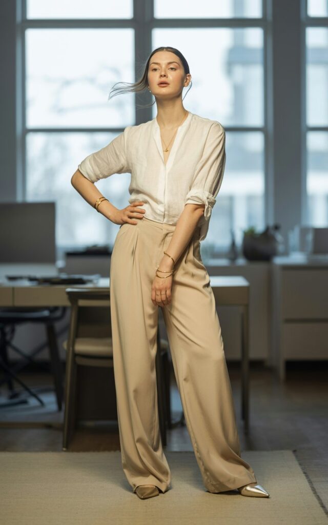 Full-body shot of a white-skinned female model with sleek hair, wearing a cream linen blouse tucked into beige wide-leg trousers, pointed flats, and thin gold bangles. Background airy modern home office with natural window light streaming in. Pose standing with one hand on hip, confident expression, hair flowing naturally. Realistic editorial features visible skin texture, subtle imperfections, soft lighting.