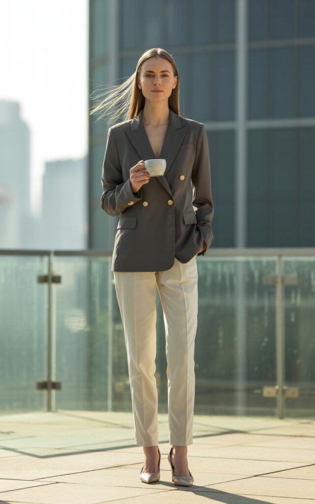 Full-body shot of a white-skinned female model with sleek straight hair, wearing a tailored charcoal blazer over cream slim-fit trousers and pointed nude heels. She stands confidently on a glass-walled office terrace in soft morning daylight, holding a coffee cup. The blazer has structured shoulders and gold buttons. Her expression is calm and self-assured, posture upright, with wind subtly lifting her hair.