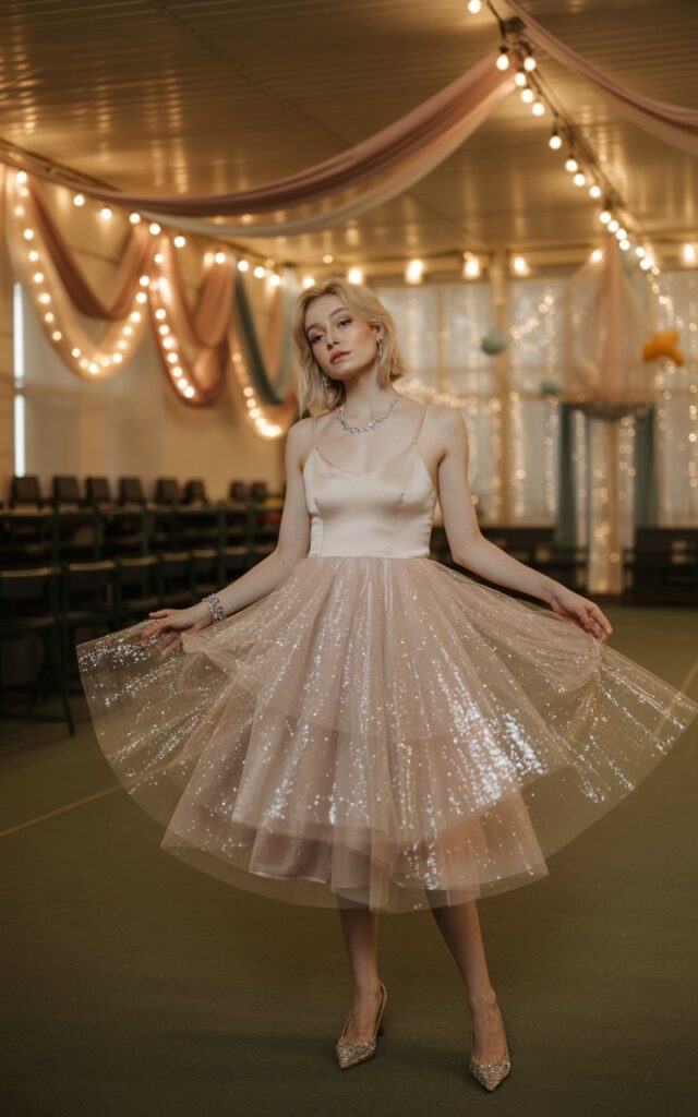 Full-body shot of a white-skinned female wearing a glitter tulle dress with layered skirt, delicate jewelry, and sparkly heels. She stands in the school auditorium transformed with fairy lights, hanging drapes, and shimmering decor. Warm glowing lights catch the glitter as she gently lifts her skirt. Soft candid expression, editorial style.