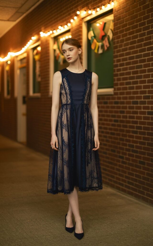 Full-body shot of a white-skinned female wearing a navy lace-overlay dress, simple heels, and minimal accessories. She stands in an old-style school hallway with classic brick walls decorated for hoco with string lights. Warm ambient lighting enhances lace details. Natural soft expression.