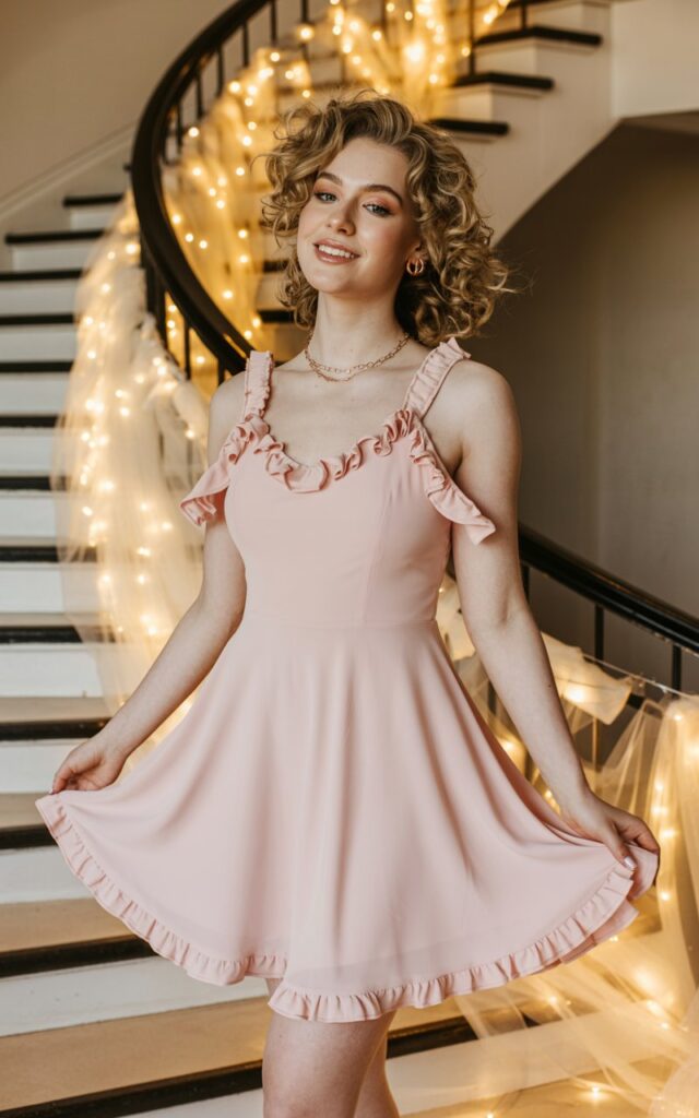 Full-body shot of a white-skinned female wearing a pastel ruffle-trim hoco dress, soft curls, and delicate jewelry. She stands near a decorated indoor staircase wrapped with tulle and fairy lights. Soft warm indoor lighting enhances the romantic vibe. She gently lifts the ruffled hem while smiling to the side.
