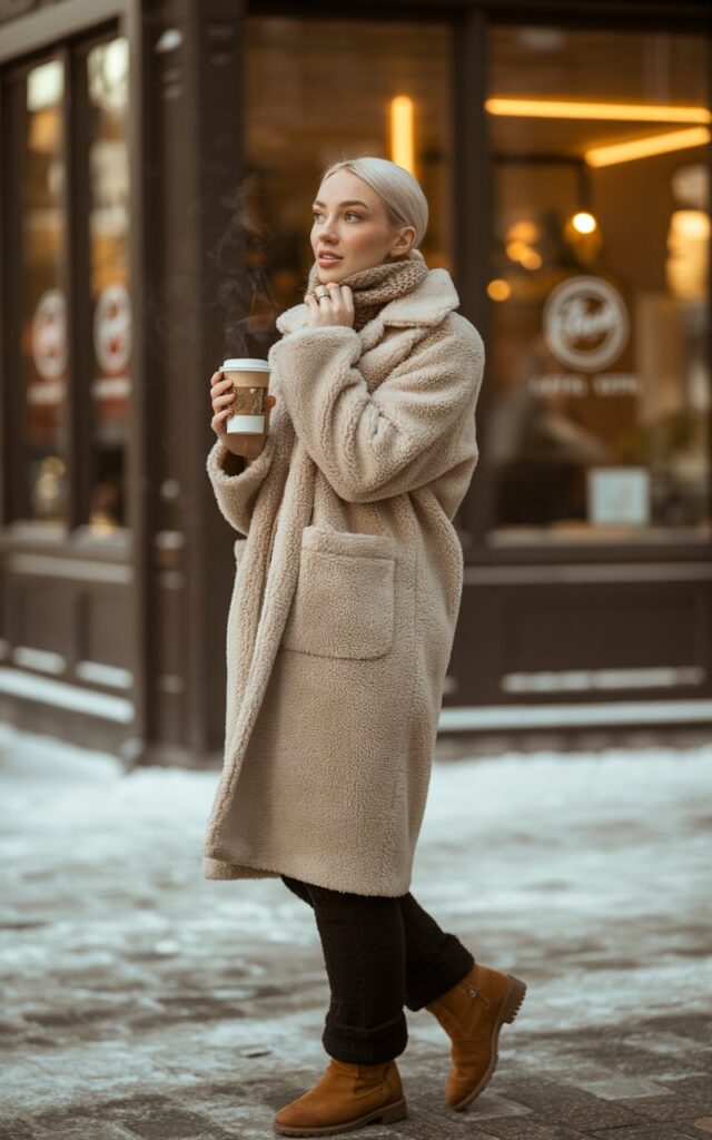Full-body shot of a white-skinned female with sharp features and soft natural makeup wearing a beige teddy coat, black fleece-lined leggings, and brown ankle boots. She’s standing on a snow-dusted sidewalk in front of a cozy coffee shop, holding a takeaway cup. Warm late-afternoon light enhances the plush texture of the coat. Natural candid pose, looking to the side while adjusting her scarf. Shot on 50mm lens with soft depth of field.