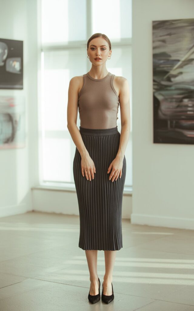 Full-body shot of a white-skinned female with sharp features, wearing a taupe ribbed bodysuit tucked into a pleated midi skirt, paired with pointed flats. Background modern art gallery with natural indoor light. Pose standing elegantly, hands by sides, confident gaze. Skin details emphasized, soft realistic makeup, subtle imperfections.