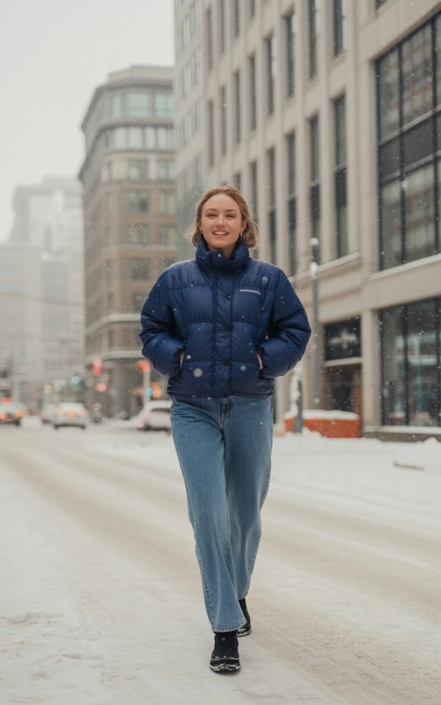 Full-body shot of a white-skinned girl wearing a navy puffer jacket, high-waisted straight jeans, and black waterproof boots. She stands on a city street with light snow falling, buildings in the background. Overcast natural light creates soft, even illumination. Pose walking toward the camera, hands in jacket pockets, relaxed expression.