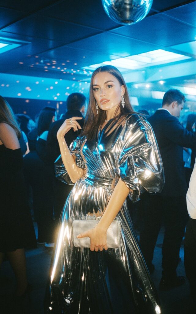 Full-body shot of a white-skinned girl wearing a silver metallic foil hoco dress, chrome clutch, and reflective heels. She's on the dance floor under disco-ball reflections and cool-blue event lighting. The foil fabric catches every highlight. Natural confident pose, shot on 35mm lens.