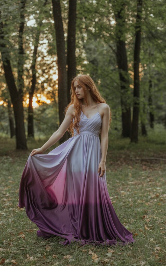 Full-body shot of a white-skinned model in a flowing ombre gown transitioning from lavender to deep plum. She stands in a quiet forest clearing during golden hour, sunlight filtering through trees. Her hair is styled in long loose waves. She gently holds the skirt as it catches the wind. Realistic color transitions and natural lighting highlighted.