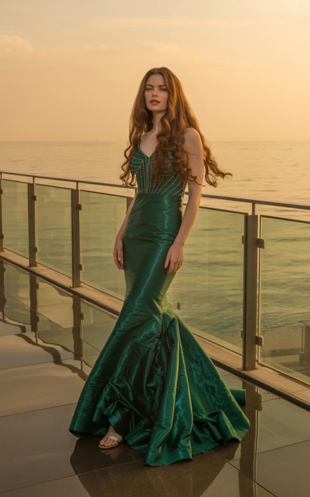 Full-body shot of a white-skinned model wearing an emerald mermaid gown with a fitted bodice and flared hem. Captured at sunset on a modern outdoor terrace overlooking water. Her long hair is styled in glossy waves flowing down her back. She stands with one foot slightly forward and a confident expression. Realistic reflections and fabric detail highlighted.