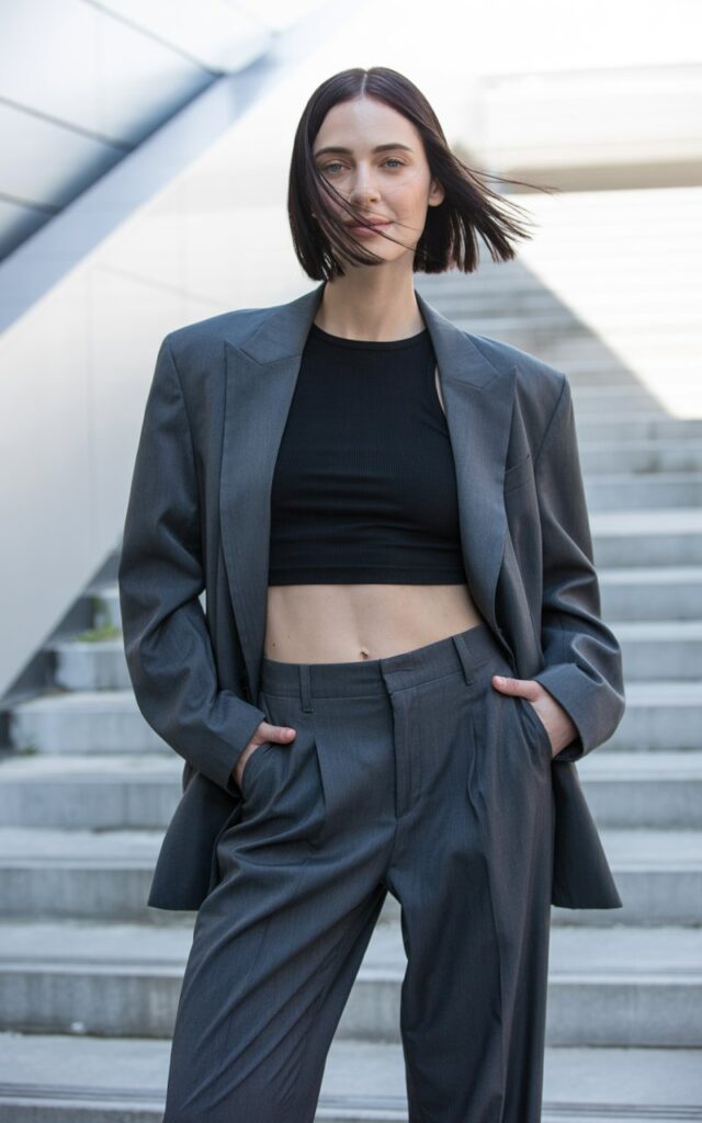Full-body shot of a white-skinned model with a sleek bob, wearing a black crop top under an oversized gray blazer with straight-leg trousers. Modern outdoor staircase location with diffused daylight. She poses hands in pockets with a cool, effortless expression. Natural hair movement and crisp fabric textures.