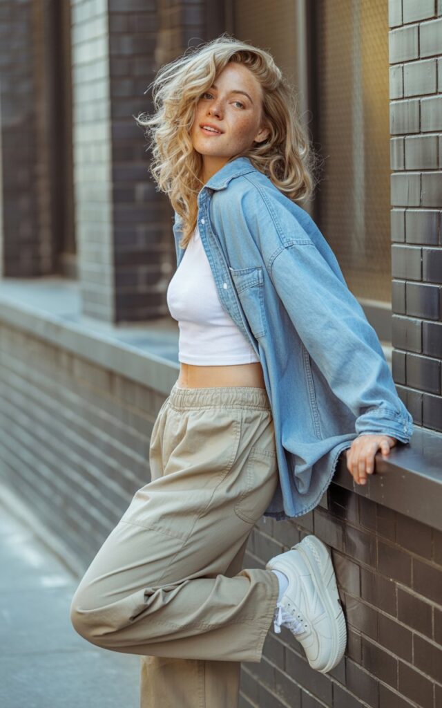 Full-body shot of a white-skinned model with blonde wavy hair, wearing a light blue oversized denim jacket, white cropped tee, baggy khaki pants, and chunky white sneakers. The setting is an urban street with textured walls, natural daylight creating soft shadows. She is leaning against a wall, casual posture, playful glance over her shoulder. Skin texture, freckles, and natural hair flow are visible.