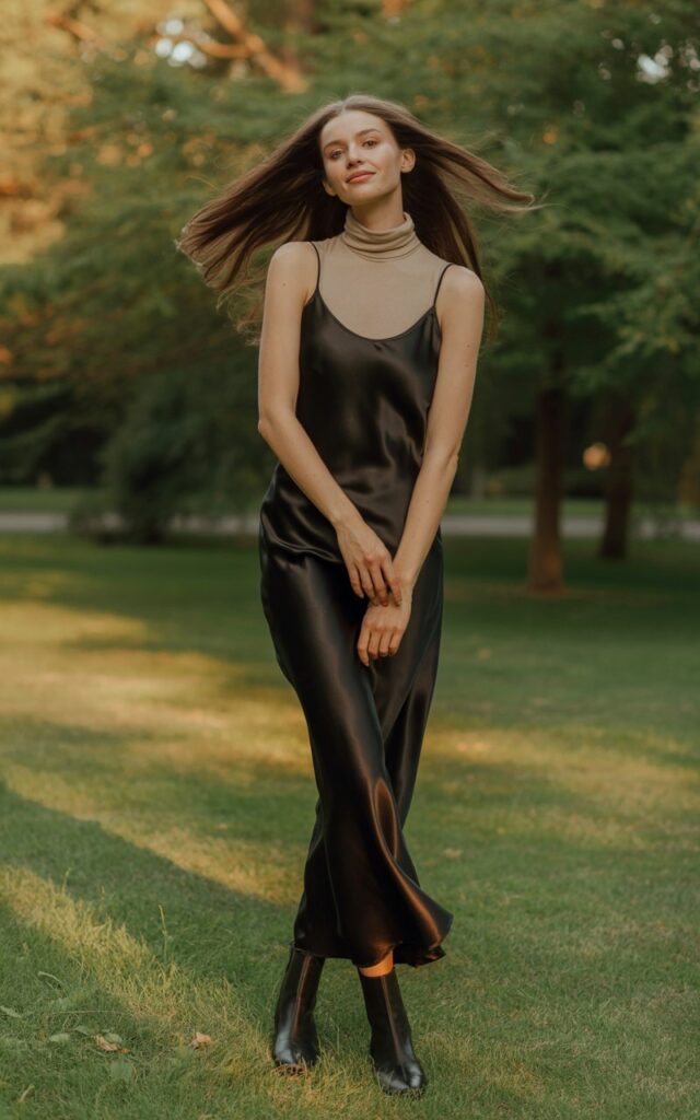 Full-body shot of a white-skinned model with long dark brown hair, wearing a black silk slip dress layered over a fitted beige turtleneck, paired with ankle boots. Background is an outdoor park in soft golden hour light. She stands elegantly, hands lightly clasped, slight smile, natural hair flow. Accessories minimal, natural editorial makeup and skin texture.