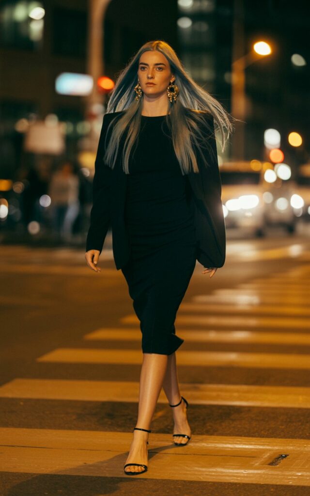 Full-body shot of a white-skinned model with long straight hair, wearing a simple LBD, chunky gold earrings, and black strappy heels. Shot on a nighttime city sidewalk with glowing streetlights. She walks forward mid-stride, serious expression. Realistic shadows, natural skin texture.