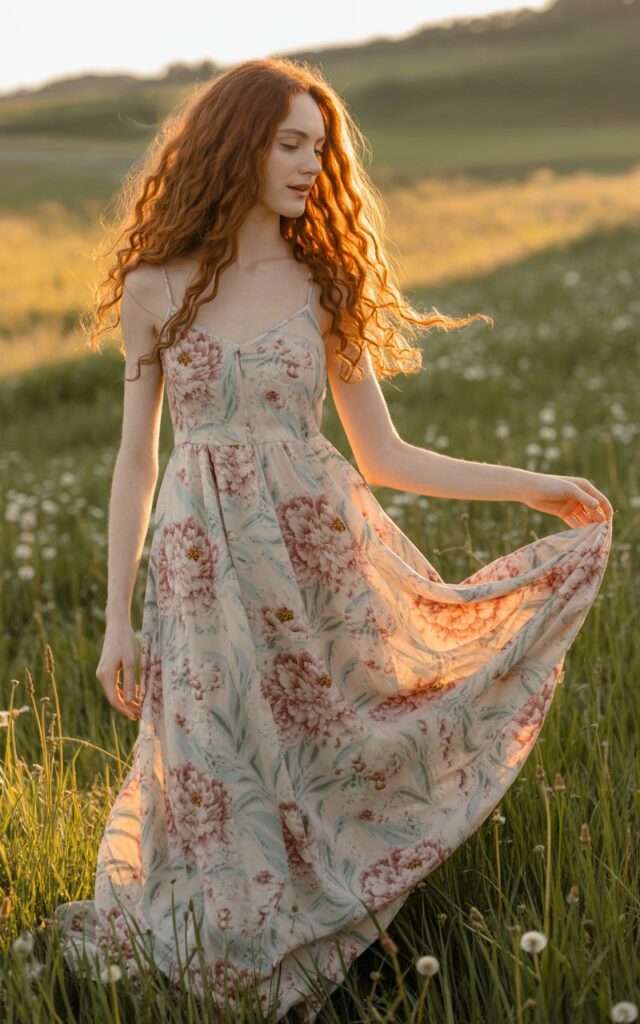 Full-body shot of a white-skinned model with long wavy hair, wearing a flowing floral maxi dress. Photographed in a sunset meadow with golden hour lighting. She gently lifts the hem of her dress while walking, giving a dreamy, romantic mood. Realistic fabric motion and warm skin tones.