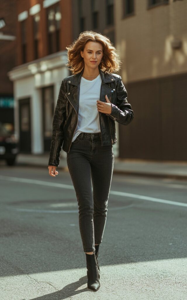 Full-body shot of a white-skinned model with messy-chic waves, wearing a white tee, black biker leather jacket, skinny jeans, and heeled ankle boots. Urban street at late afternoon. She walks with confidence and a half-smile. Textured leather, realistic shadows, natural editorial skin.