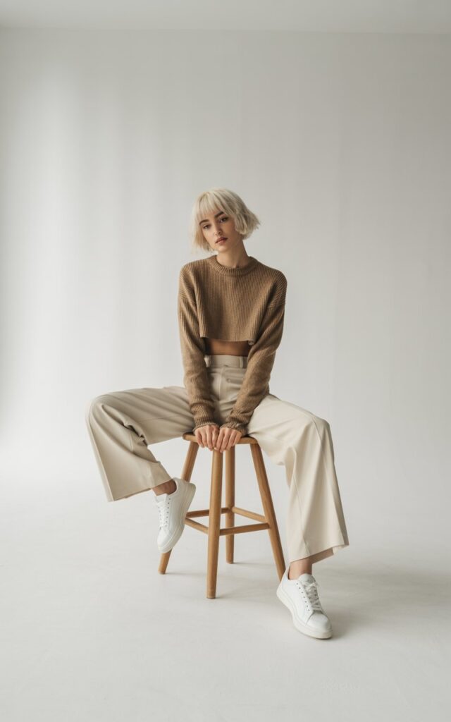 Full-body shot of a white-skinned model with short tousled bob hair, posing in a minimalist studio setting. She wears a cropped tan sweater with high-waisted cream wide-leg pants and white sneakers. The lighting is soft and even. She’s sitting on a stool, legs slightly crossed, giving a casual but confident vibe.