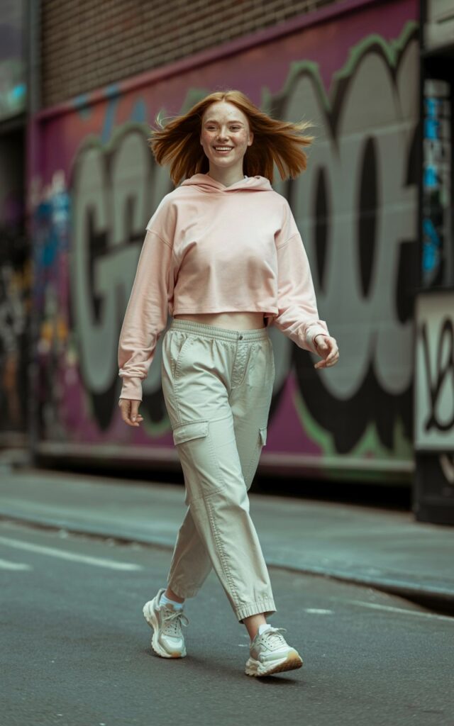 Full-body shot of a white-skinned model with shoulder-length auburn hair, wearing beige cargo pants, pastel cropped hoodie, and chunky sneakers. Background is a graffiti urban wall with soft natural daylight. Model walks casually, playful grin, hair flowing naturally, hands swinging lightly. Accessories minimal, natural editorial skin texture visible.