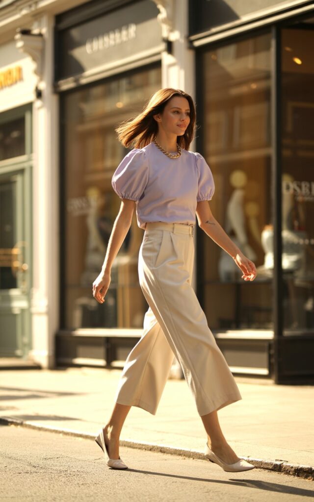 Full-body shot of a white-skinned model with shoulder-length hair, wearing a pastel puff-sleeve blouse tucked into high-waist culottes, pointed flats, and a delicate necklace. Background city street with boutique storefronts, soft golden hour light. Pose mid-step, looking sideways with subtle smile, hands relaxed. Skin texture, editorial makeup, realistic hair flow.