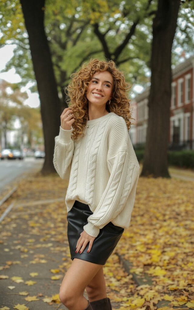 Full-body shot of a white-skinned model with soft curls, wearing a chunky beige knit sweater and a black leather mini skirt with ankle boots. Shot in a tree-lined neighborhood street with autumn leaves. Soft natural daylight. She stands slightly angled with a warm smile. Detailed textures knits, leather grain, real skin.