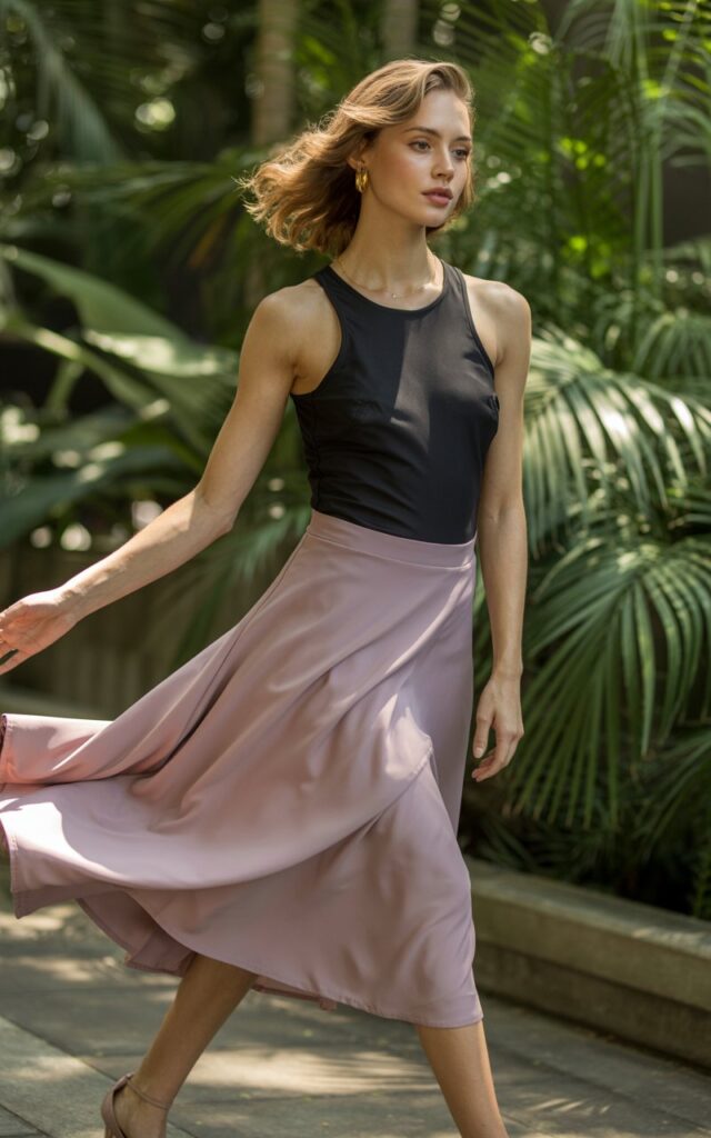 Full-body shot of a white-skinned model with soft waves, wearing a fitted black bodysuit tucked into a flowy mauve midi skirt. She stands in a botanical garden with filtered natural daylight. Gentle movement in the skirt as she takes a step forward. Natural, glowing skin and delicate accessories.