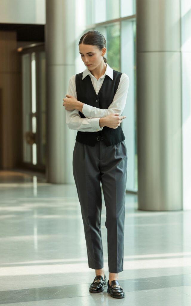 Full-body shot of a white-skinned woman with dark slicked-back hair, wearing a crisp white button-down under a black tailored vest, paired with tapered trousers and loafers. Shot in a modern office lobby with soft diffused light. She adjusts her sleeves with a focused expression. Professional and sleek.