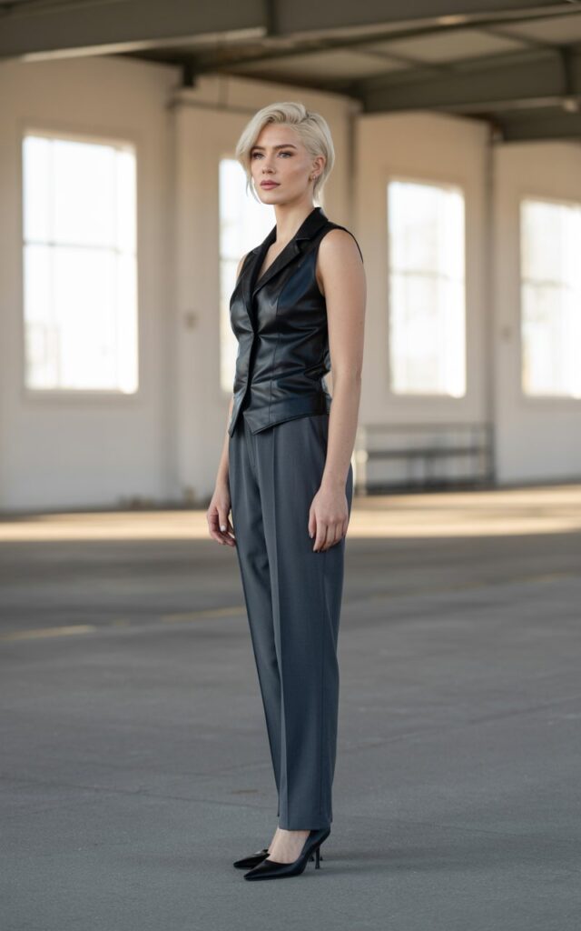 Full-body shot of a white-skinned woman with short platinum hair, wearing a fitted black leather vest, straight neutral trousers, and minimalist black heels. Industrial warehouse backdrop with soft indirect daylight. She stands tall with a bold stance. Natural skin shine and textured realism.
