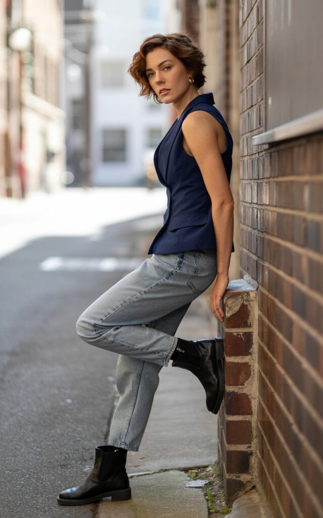 Full-body shot of a white-skinned woman with short tousled brunette hair, wearing a fitted navy vest and relaxed light-wash jeans with black ankle boots. Urban alleyway with soft morning sunlight. She leans against a brick wall with one foot up, looking cool and effortless. Realistic skin details and casual styling.