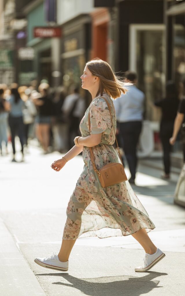 Full-body shot of a white-skinned woman with shoulder-length light brown hair, walking down a city street in daylight. She wears a flowy midi dress with a pastel pattern and white sneakers. Her hair moves naturally as she walks mid-step, holding a small crossbody bag. The vibe is casual and effortlessly chic.