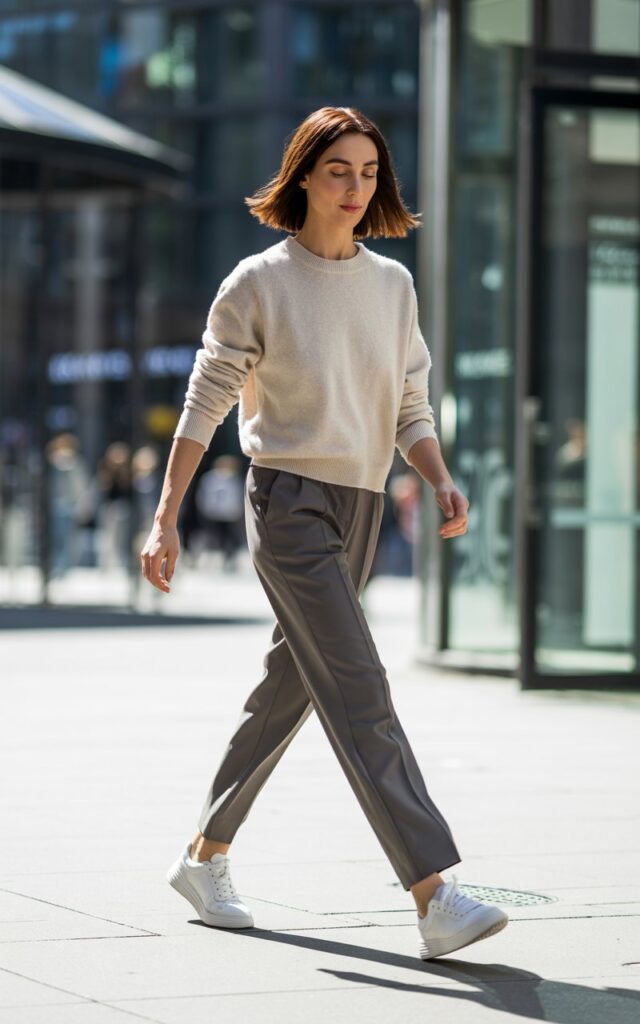 Full-body shot of a white-skinned woman with sleek brown hair, striding confidently down a city sidewalk. She wears a neutral-toned casual outfit — light sweater, slim trousers, and white sneakers. Natural daylight casts clean shadows, emphasizing her confident walk and modern, minimalist style.