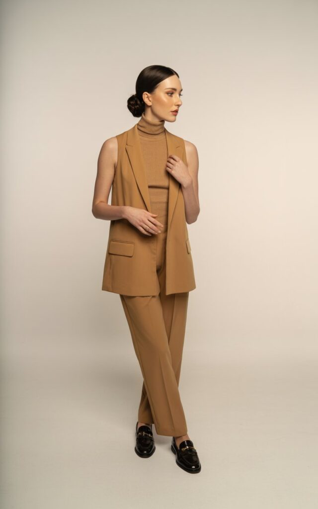 Full-body shot of a white-skinned woman with sleek low bun, wearing a camel-tone vest layered over a matching turtleneck and trousers, styled with loafers. Indoor studio with soft warm light. She stands with one hand slightly raised, as if adjusting her vest. Minimal, elegant expression.