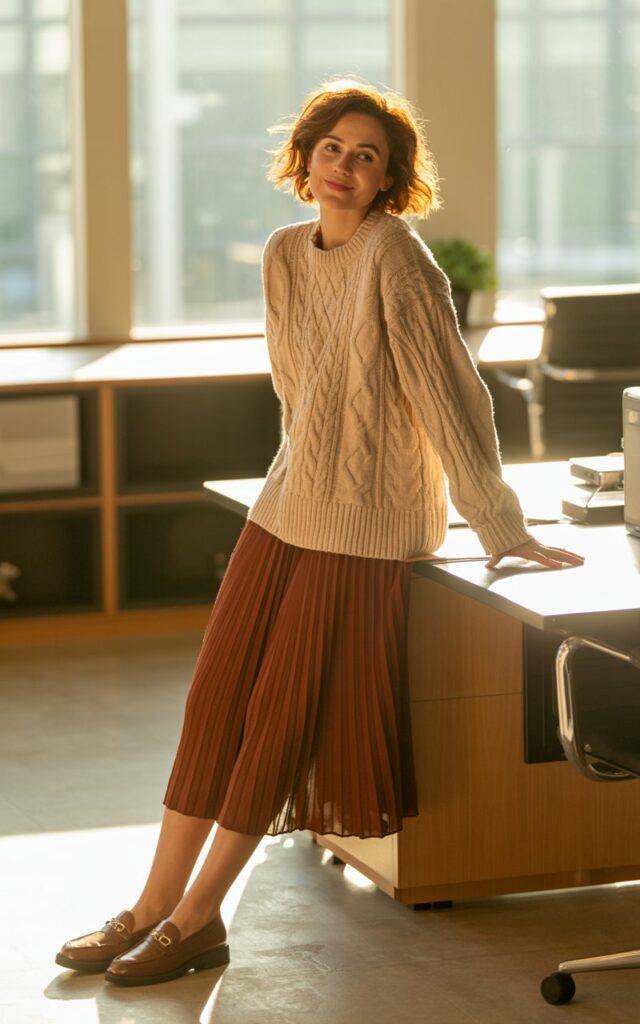 Full-body shot of a woman indoors in a cozy office lounge. She wears a cream cable-knit sweater tucked into a rust-colored pleated midi skirt, paired with brown loafers. Warm window light creates a soft, inviting atmosphere. She’s leaning slightly against a desk, smiling casually with tousled hair.
