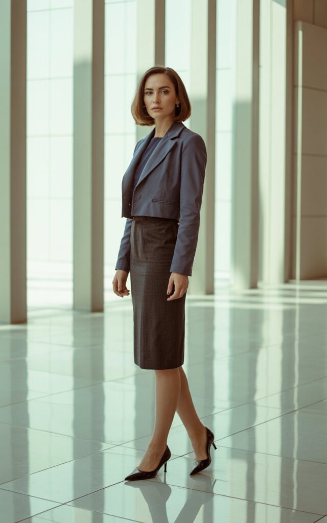 Full-body shot on a minimalist office lobby floor with glossy tiles. Model wears a chic pencil skirt, cropped blazer, and pointy kitten heels. Soft indoor window light. Hair in a sleek shoulder-length bob. She stands tall with one foot slightly forward, expression poised and powerful.