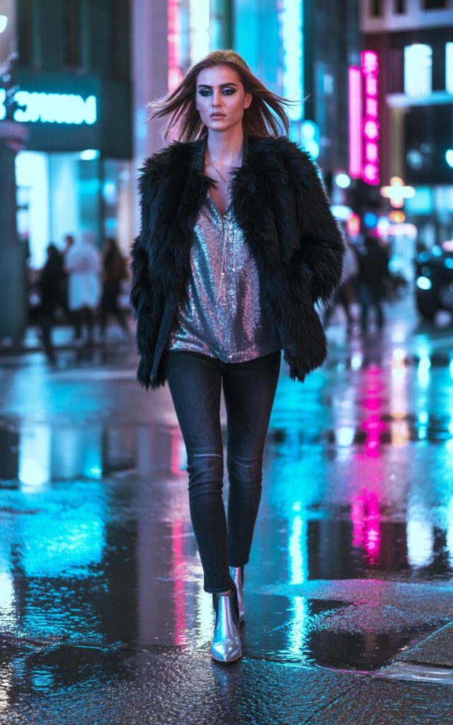 Full-body shot on a nighttime city street glowing with neon signs. Model wears a faux-fur trimmed jacket over a sparkly top, paired with skinny jeans and boots. Streetlights create reflective highlights. Hair blown slightly by wind. She stands mid-stride with a confident, dramatic expression.
