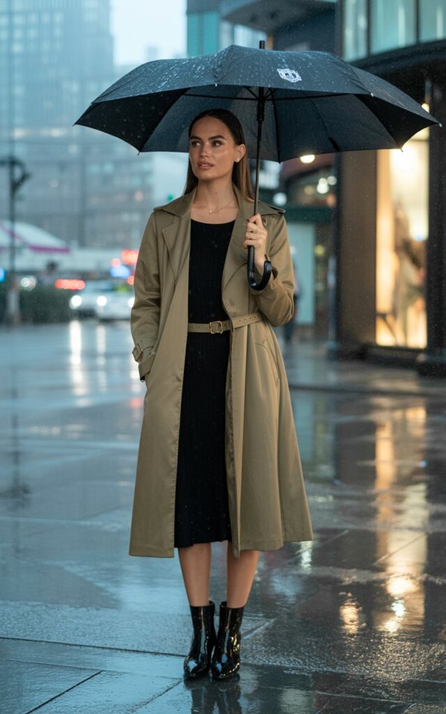 Full-body shot on a rainy city street with reflections. Model wears a simple black dress, beige belted trench coat, ankle boots, and sleek straight hair. Cool, overcast lighting. She holds an umbrella with an elegant posture. Realistic wet street reflections and natural skin tone.