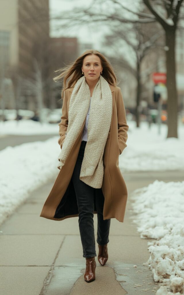 Full-body shot on a snowy sidewalk during overcast daylight. She wears a long camel wool coat, oversized textured scarf, slim jeans, and heeled boots. Hair flows naturally with slight wind movement. She walks toward the camera with a calm expression.