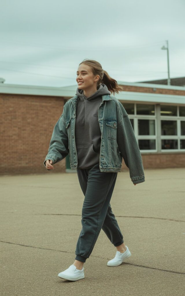 Full-body shot outside a school building during cloudy daylight. She wears a grey hoodie layered under a vintage denim jacket, joggers, and slip-on sneakers. Hair in a half-up style. She looks to the side as she walks, expression natural.